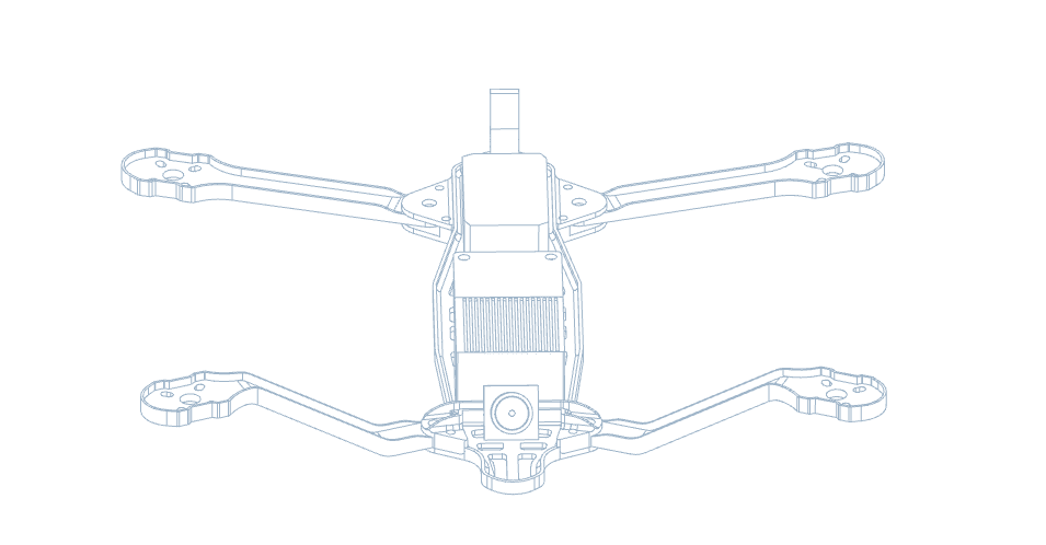 Steel-tinted line-art schematic of the Beetle UAV seen from the front with its four arms deployed, showing folding-arm hinges, motor mounts, camera pod, and the finned central chassis.