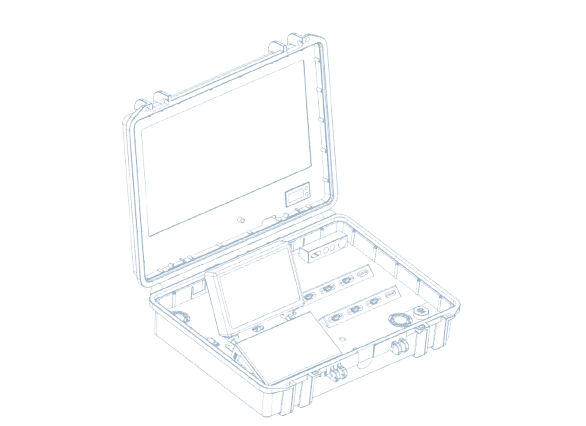 Top-down line schematic of the open Tziporim kit: the 18-inch display in the lid, the fold-out control monitor in the base, and rows of video and power connectors with round charge ports on the control deck.
